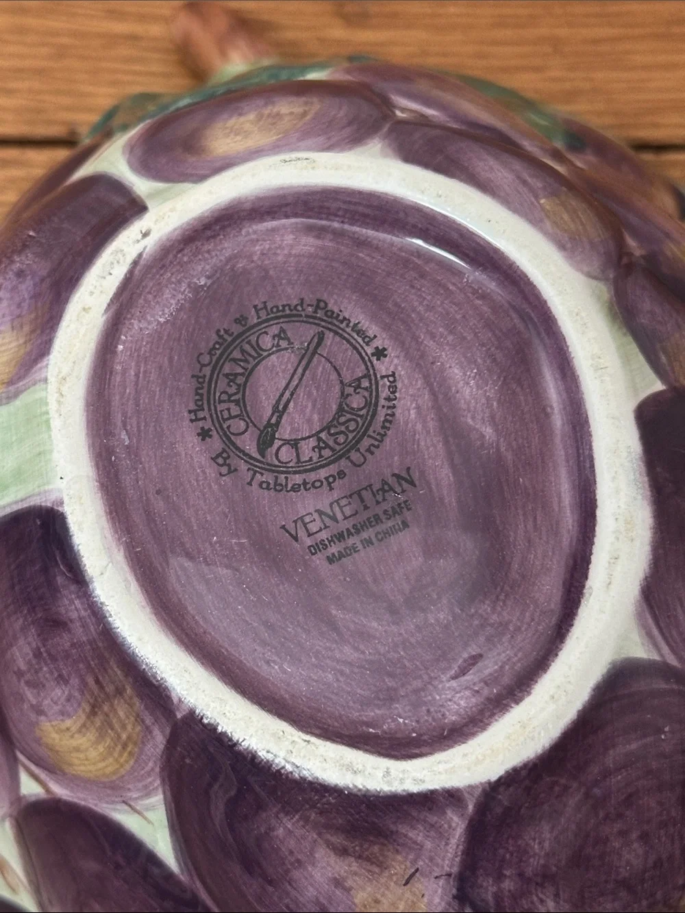 Hand-Painted Grape Leaf Ceramic Bowl - Purple and Green